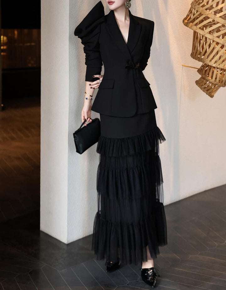 structured ruffle-sleeve blazer set with tiered tulle skirt – AMARANTH
