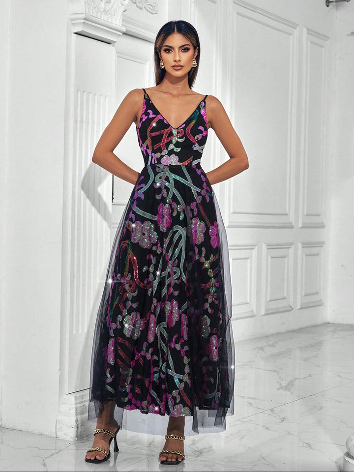 فستان تول بدون أكمام مزين بترتر متعدد الألوان وزهور – أورندا