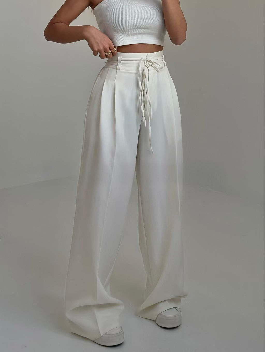 high-waist wide-leg pants with self-tie belt – SANDRA