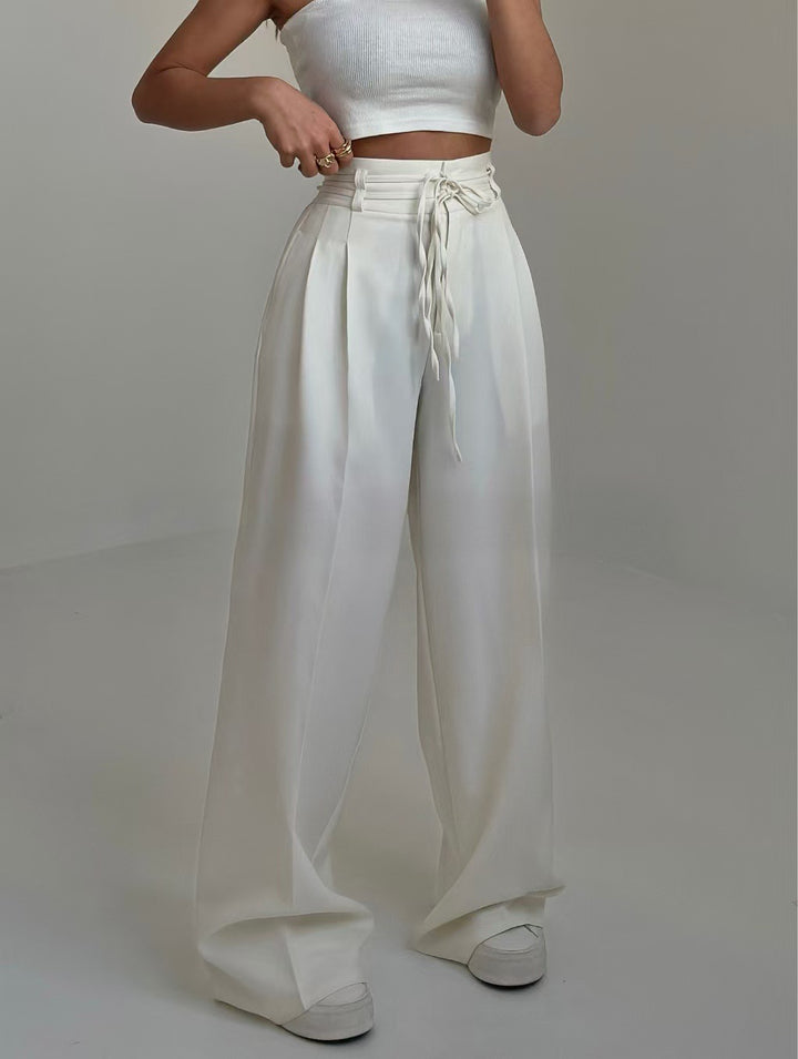 high-waist wide-leg pants with self-tie belt – SANDRA