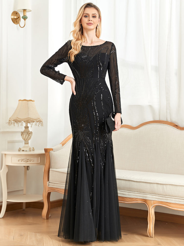 فستان شبكي بأكمام طويلة ومزين بالترتر – أدريانا