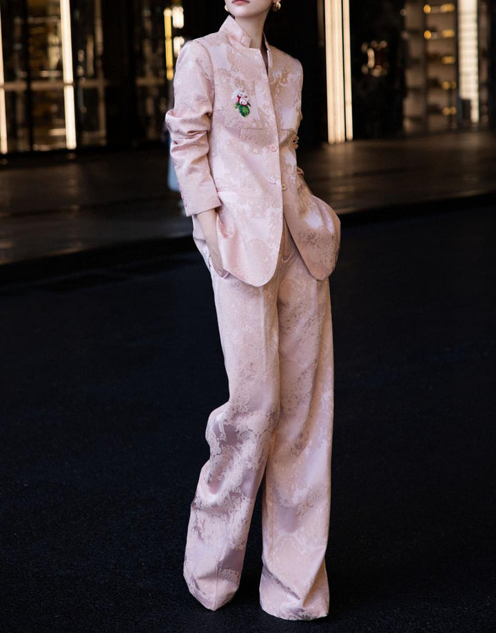 brocade tailored pantsuit with floral patch – VERDANA