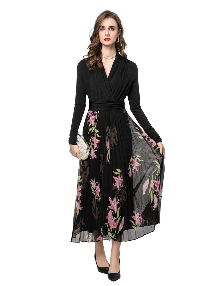 floral chiffon dress with pleated skirt – LILIAN