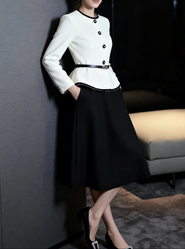 peplum jacket dress with contrast buttons – NOIR