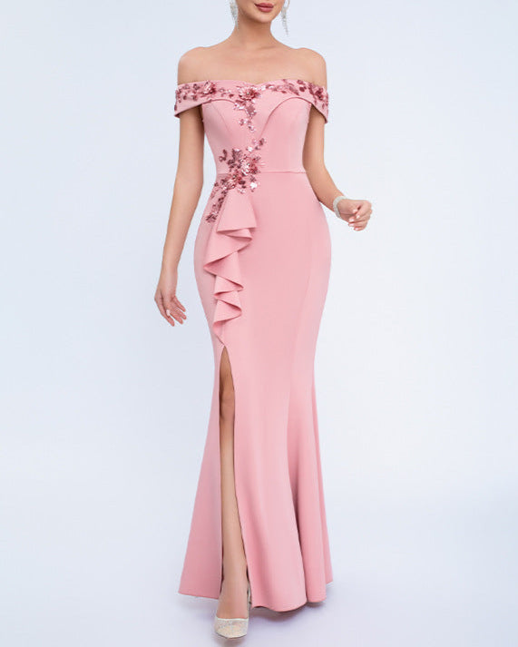 off-shoulder gown with floral appliqué and side ruffle – SERENATJI