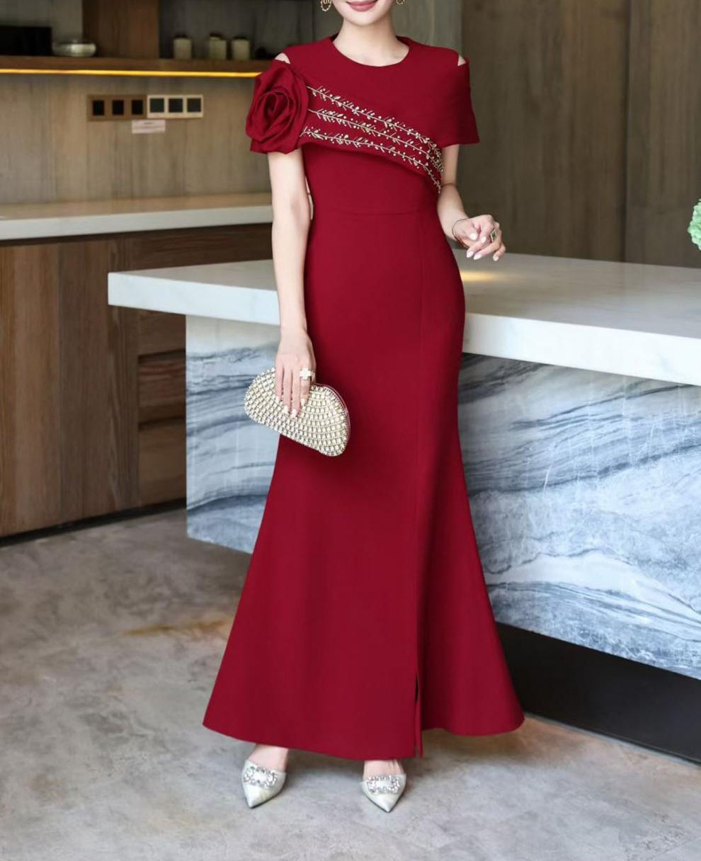 asymmetric embellished shoulder gown – AMARA