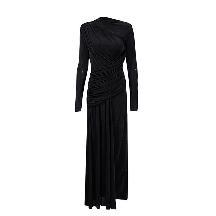One-shoulder draped maxi dress with pleated panel – RUBY