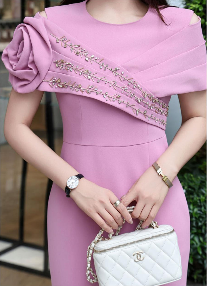 asymmetric embellished shoulder gown – AMARA