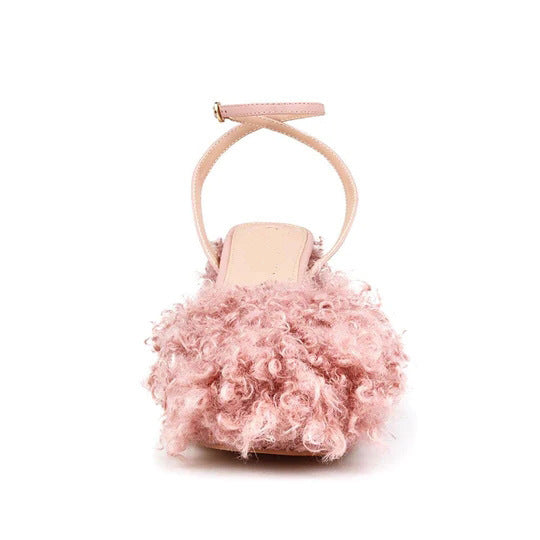 curly faux fur block heels with ankle strap – BELLARIA