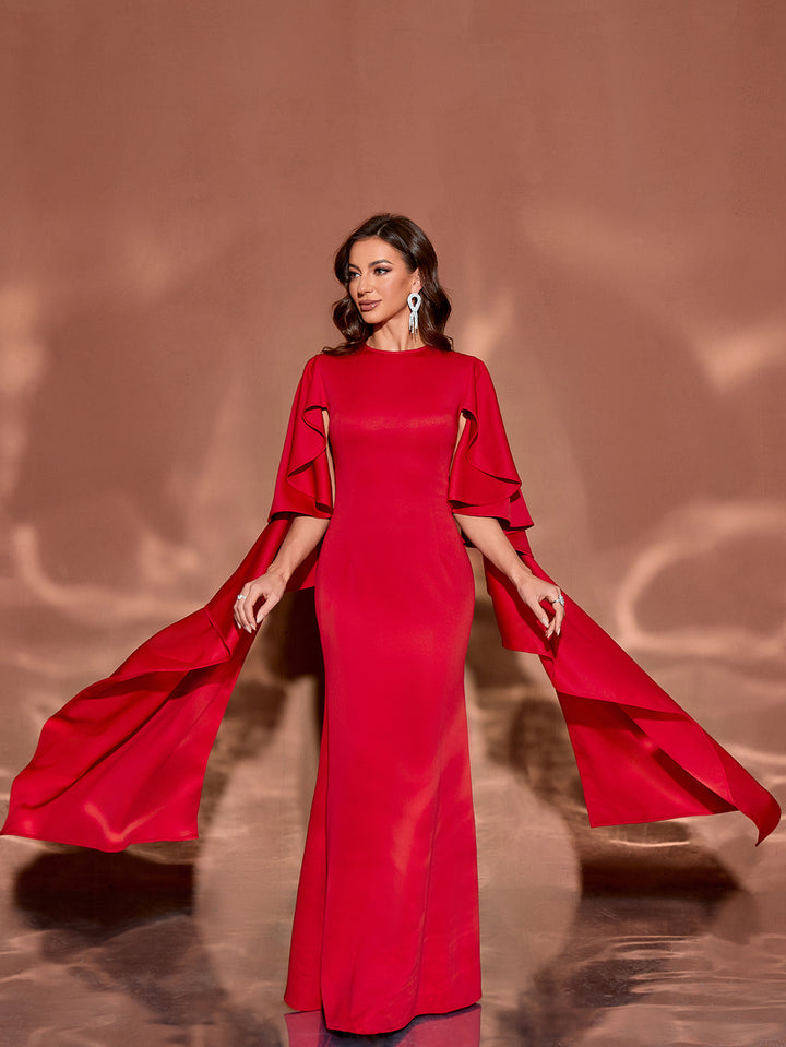 ruffled sleeve gown with flowing side cape – AURELIXA