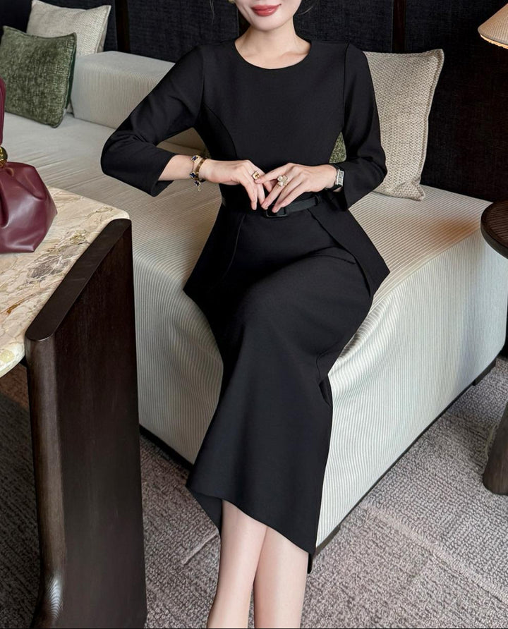 peplum midi dress with belted waist – MAROON