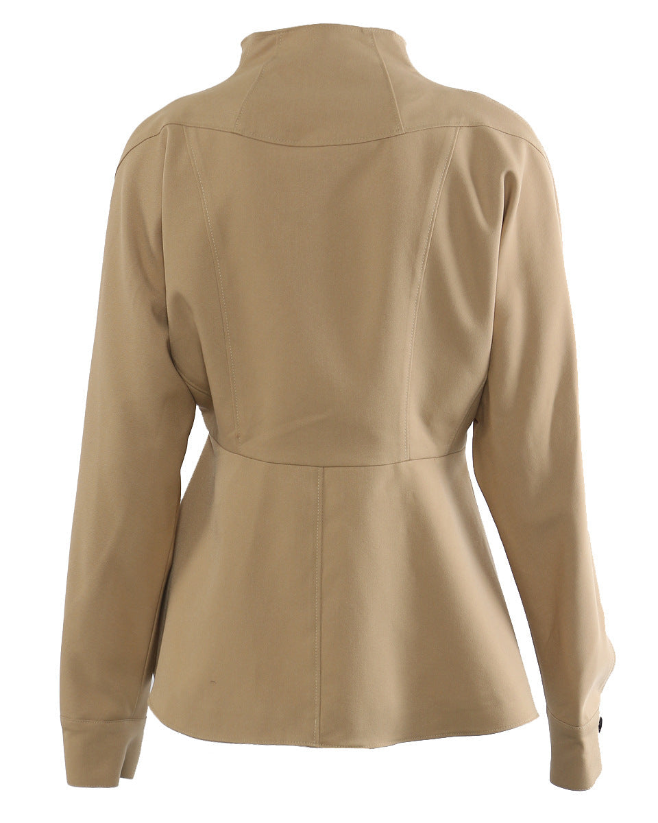 belted asymmetric jacket with high collar – BIERNA