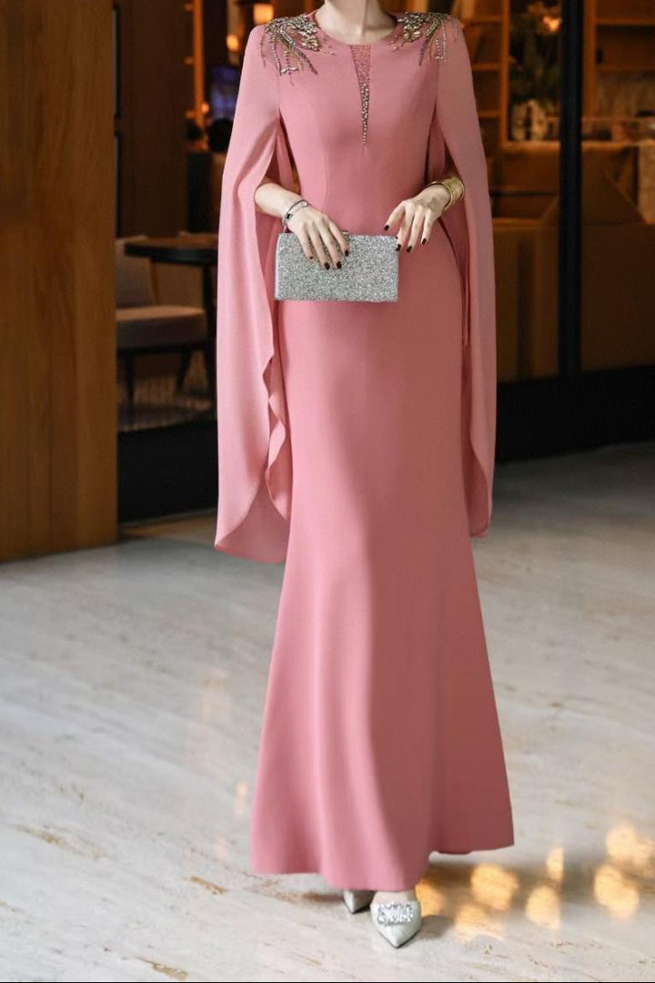 cape-sleeve mermaid dress with embellished shoulders – ROSABELLE