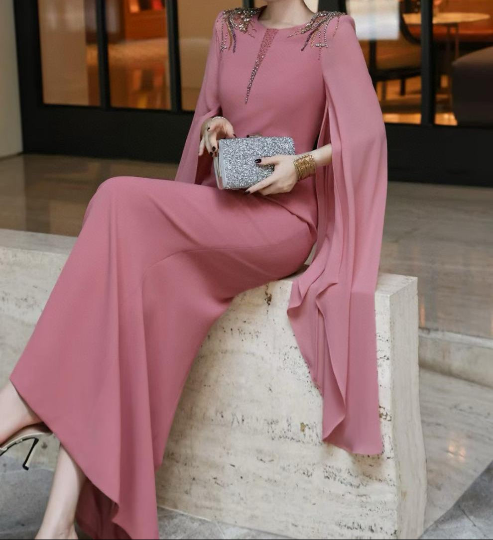 cape-sleeve mermaid dress with embellished shoulders – ROSABELLE
