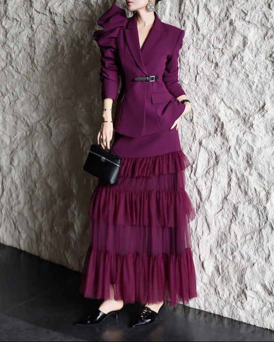 structured ruffle-sleeve blazer set with tiered tulle skirt – AMARANTH