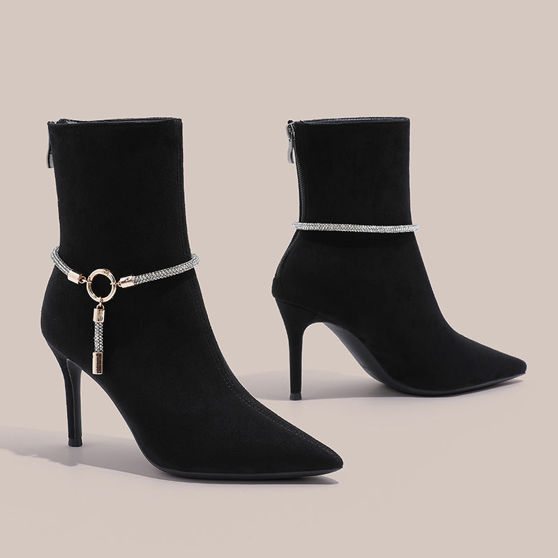 pointed-toe suede ankle boots with metallic ring detail – ARIADI