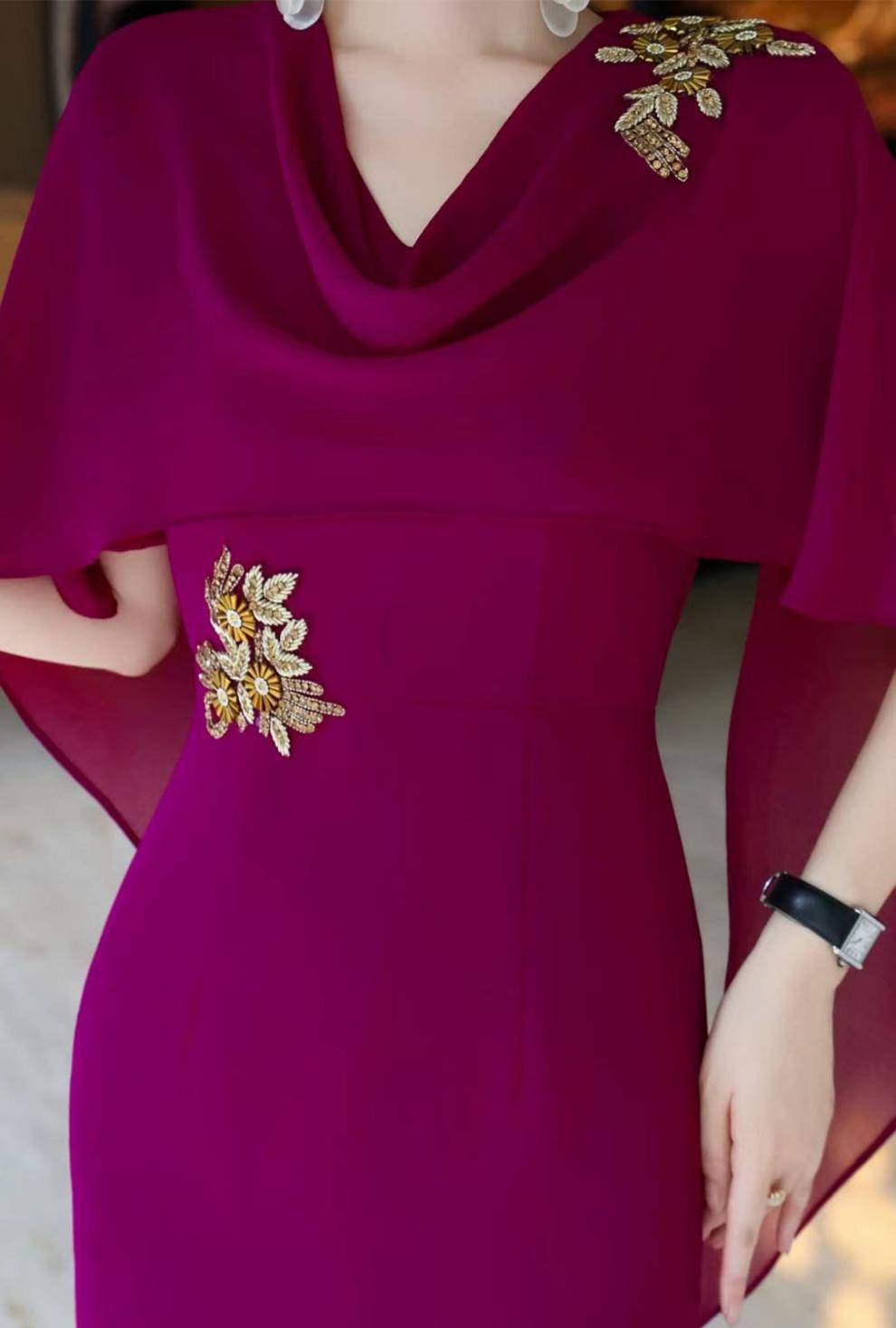 cape-draped mermaid dress with jeweled appliqué – VIOLA