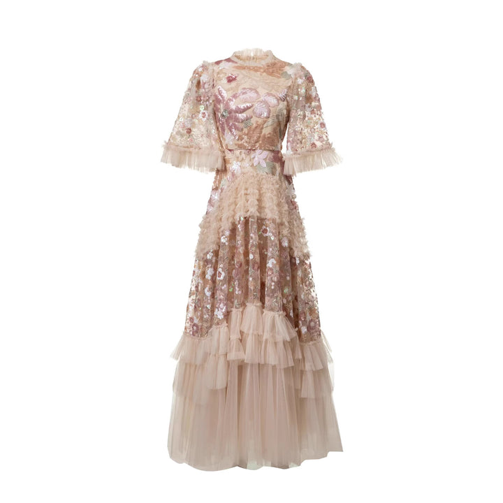 sequin-embroidered tulle gown with layered ruffle skirt – LUMIARA