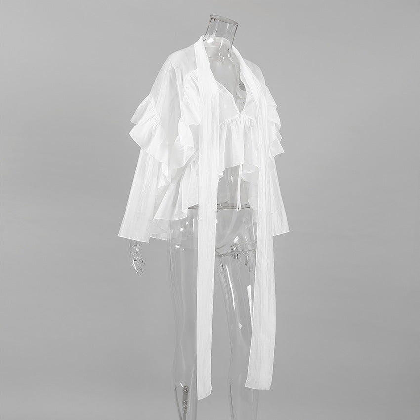 sheer ruffle-sleeve blouse with cascading ties – ELYSIA