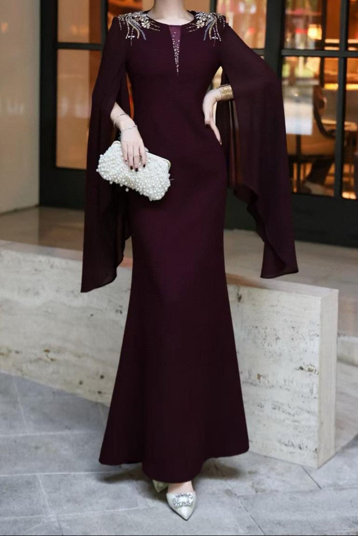 cape-sleeve mermaid dress with embellished shoulders – ROSABELLE