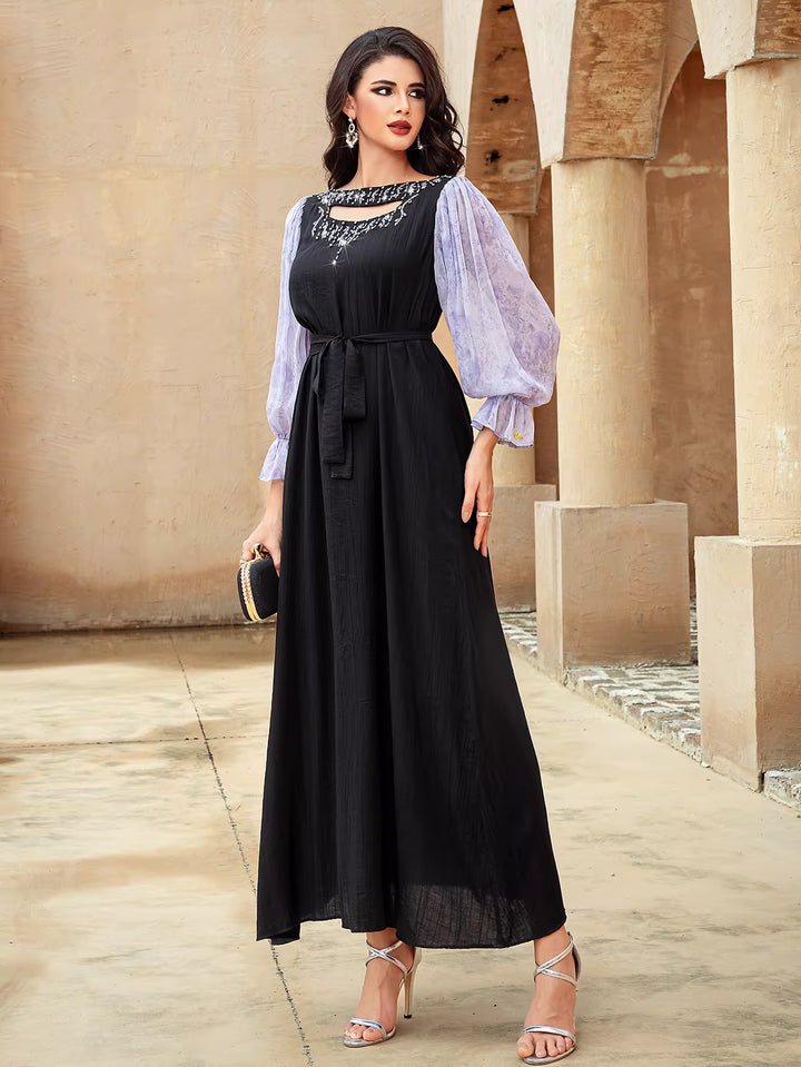 Elegant Black Maxi Dress with Sheer Puff Sleeves – ELENORA