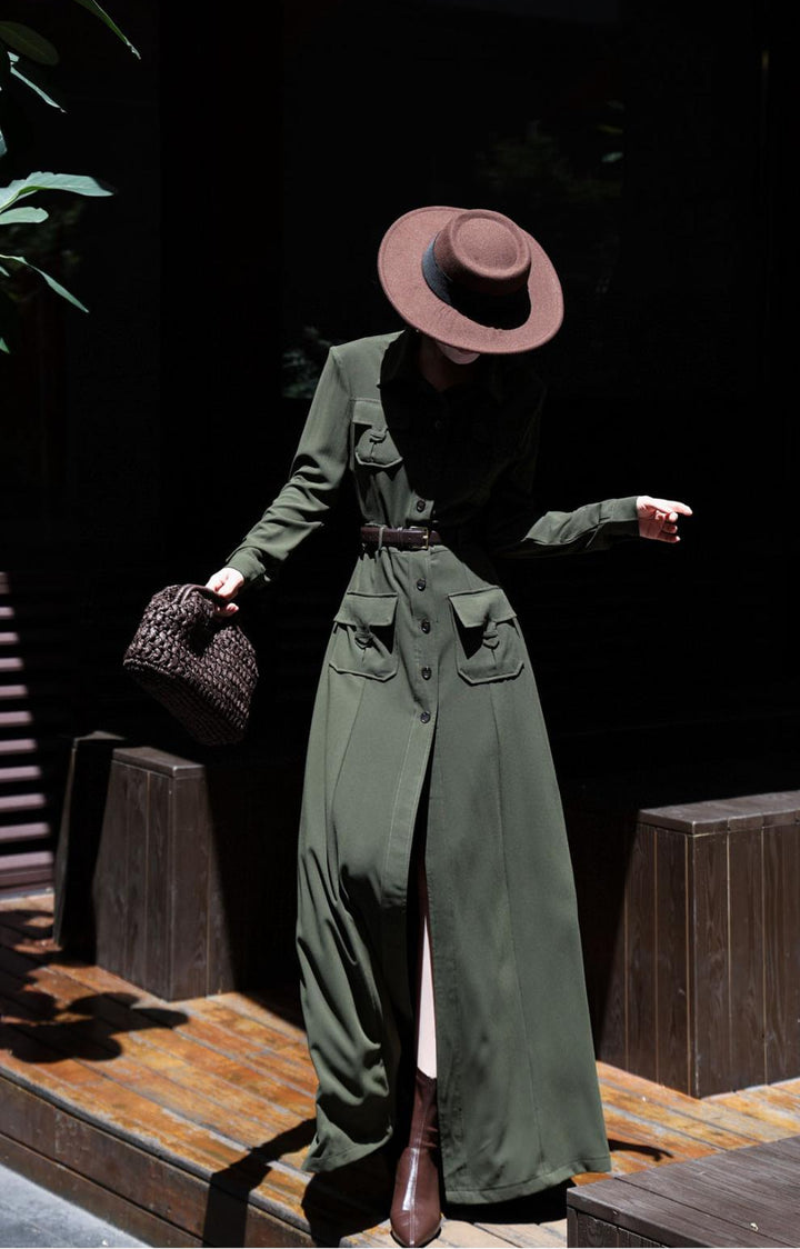 فستان عسكري ماكسي بأزرار وخصر بحزام – قيادة نوير