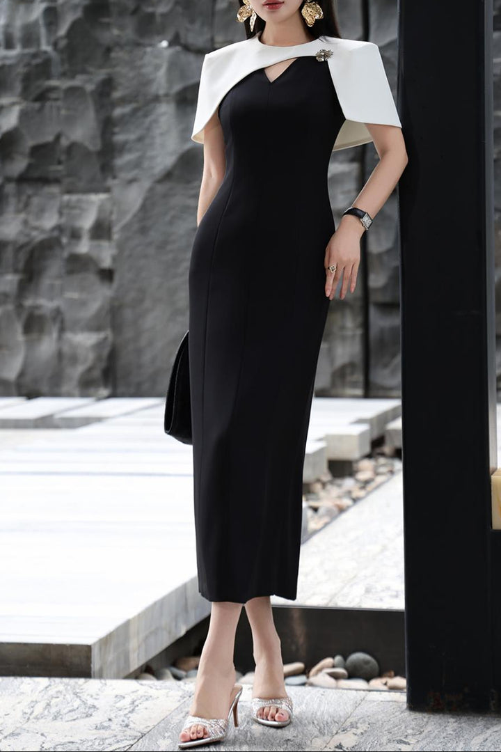 column dress with contrast cape overlay – NOIRÉ