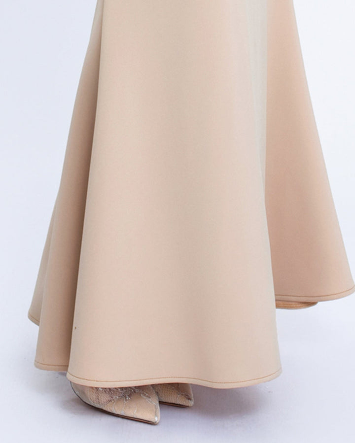 sleeveless column dress with draped neckline and floral accents – SERENABI