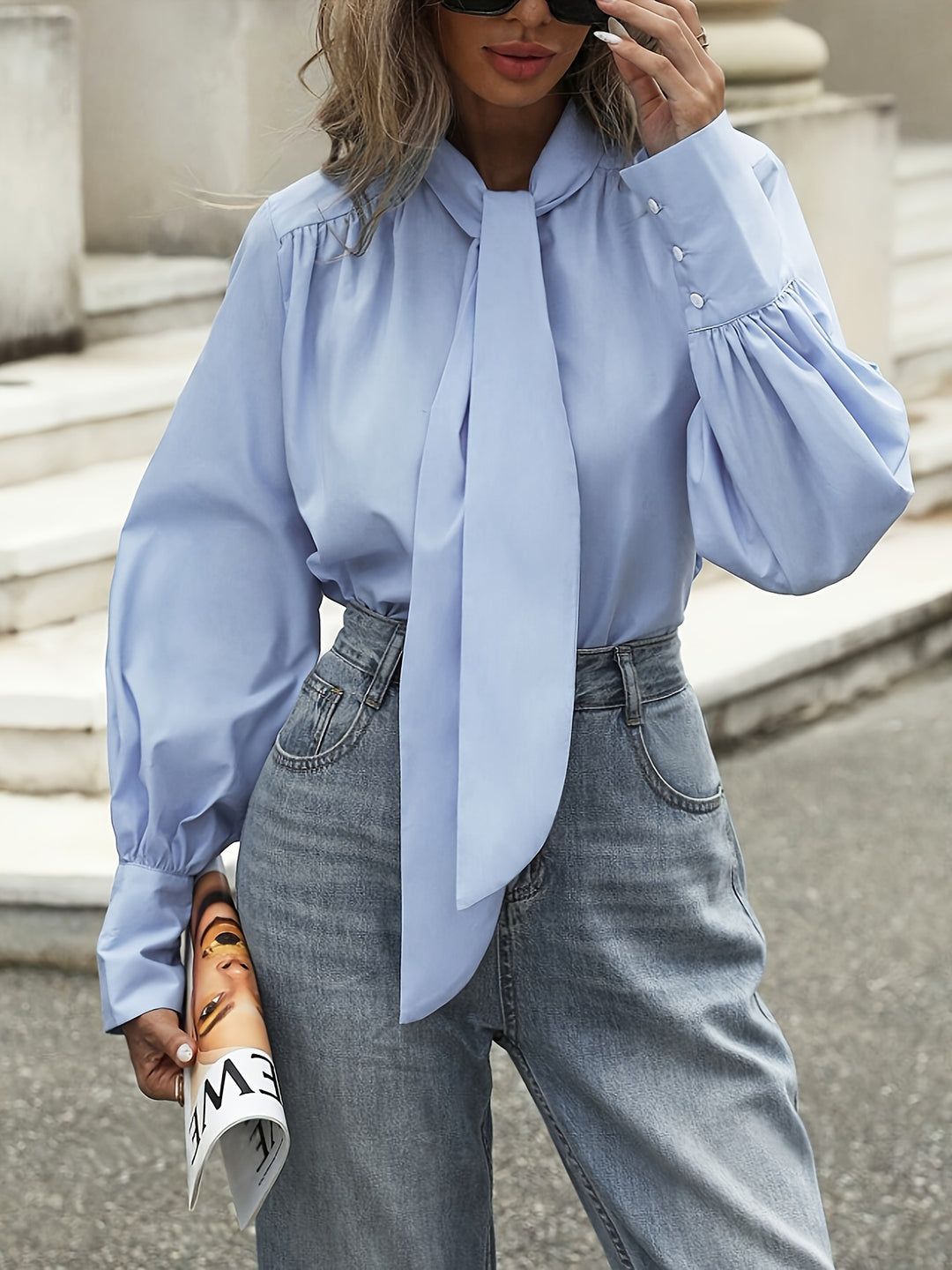 button-up blouse with scarf detail – SKYLA