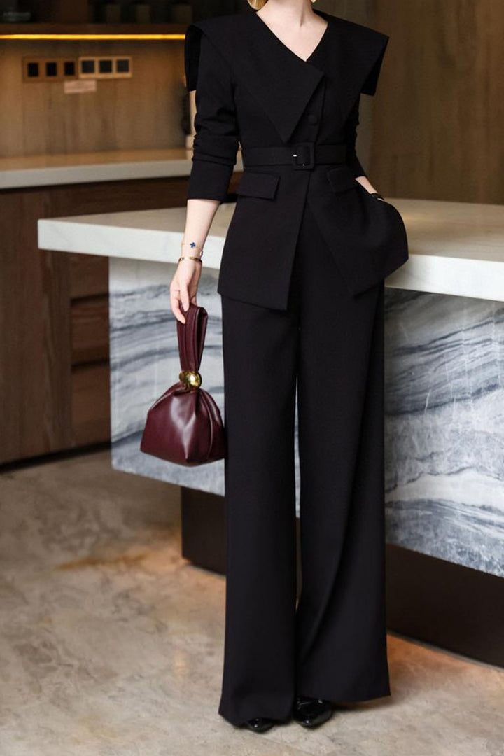 structured wide-leg jumpsuit with sculpted shawl collar – VANTEA