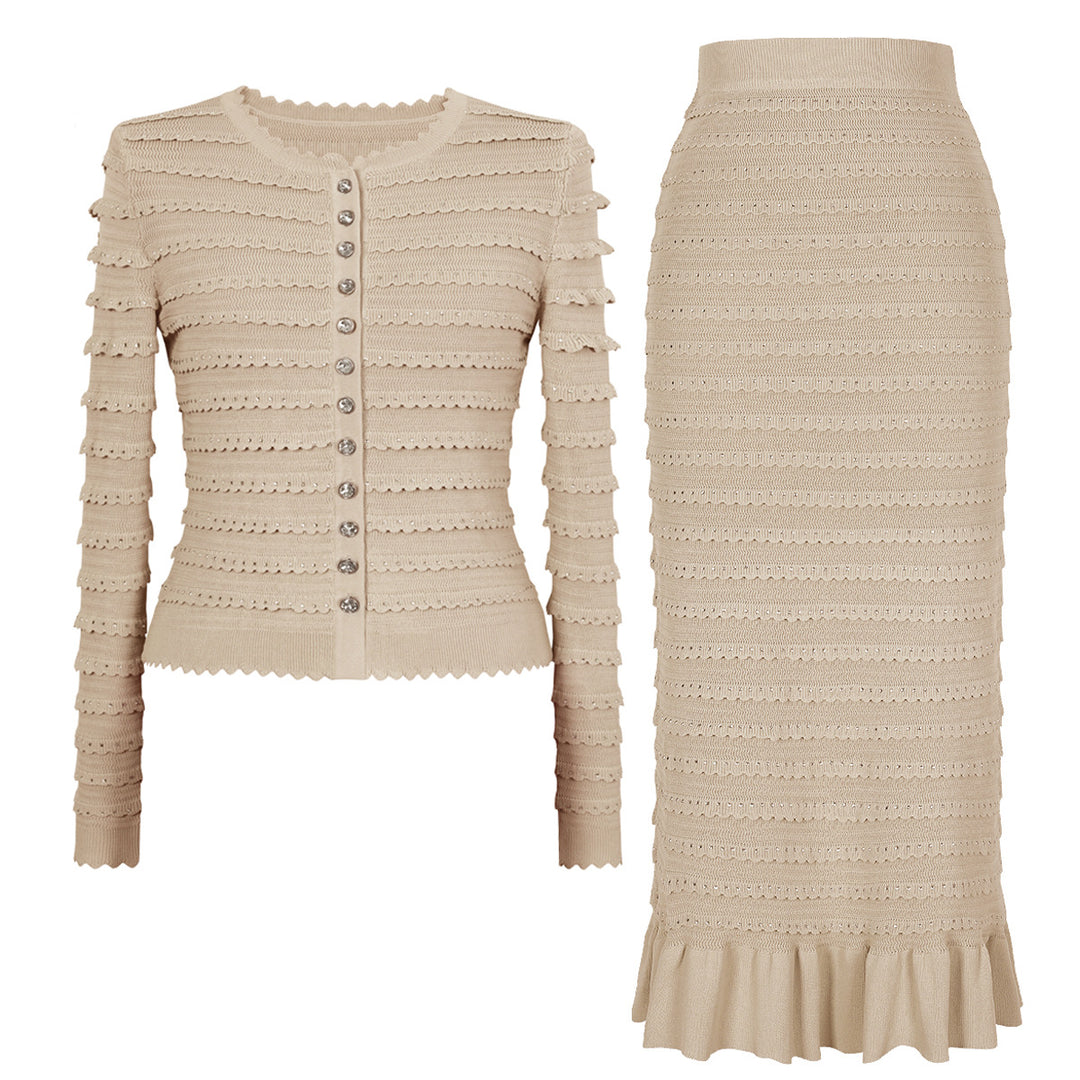 褶皱喇叭袖上衣和高腰裙套装，配腰带 – Rosiny 