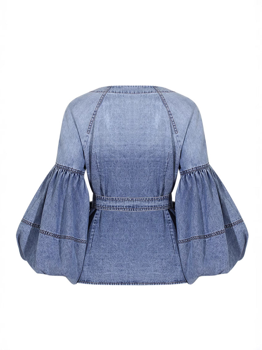 denim shirt with puffed sleeves and belted waist - AMARAXU
