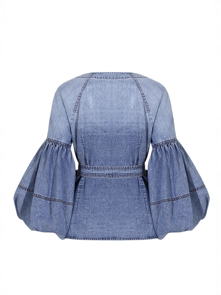 denim shirt with puffed sleeves and belted waist - AMARAXU