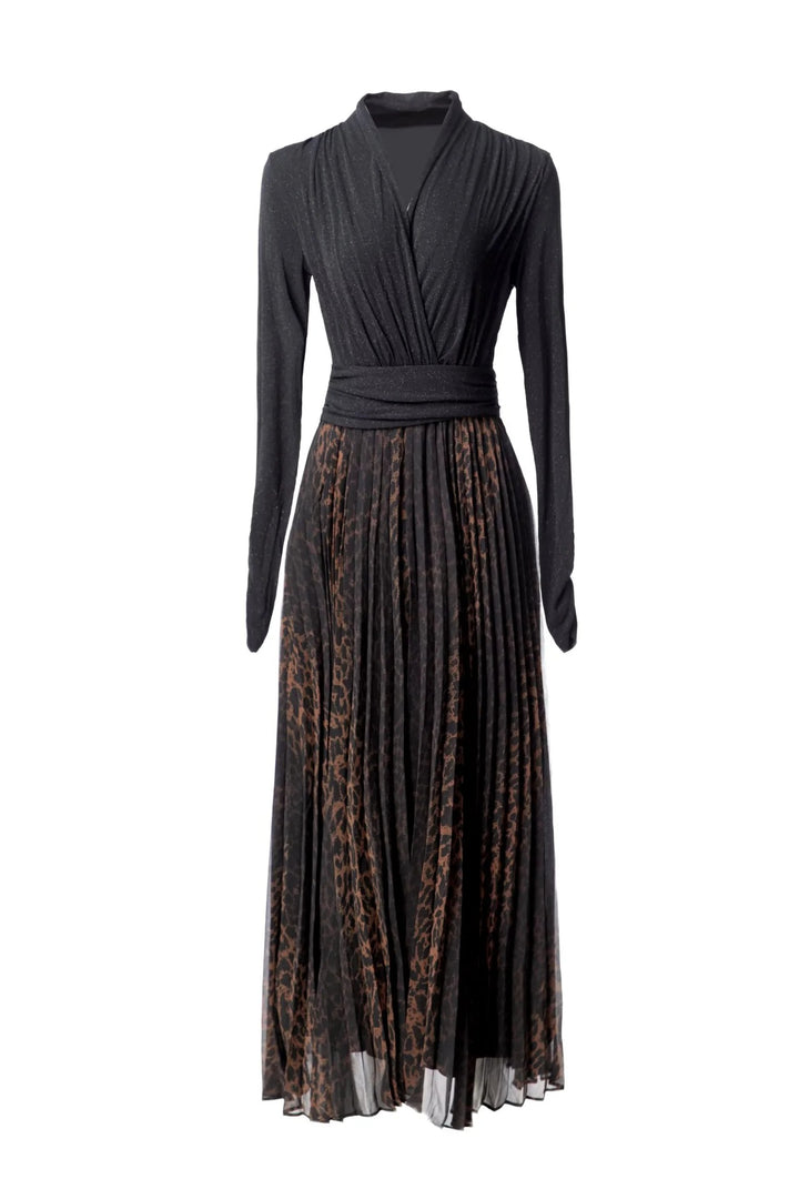 wrap-style knit top with printed pleated midi skirt – MOCHA