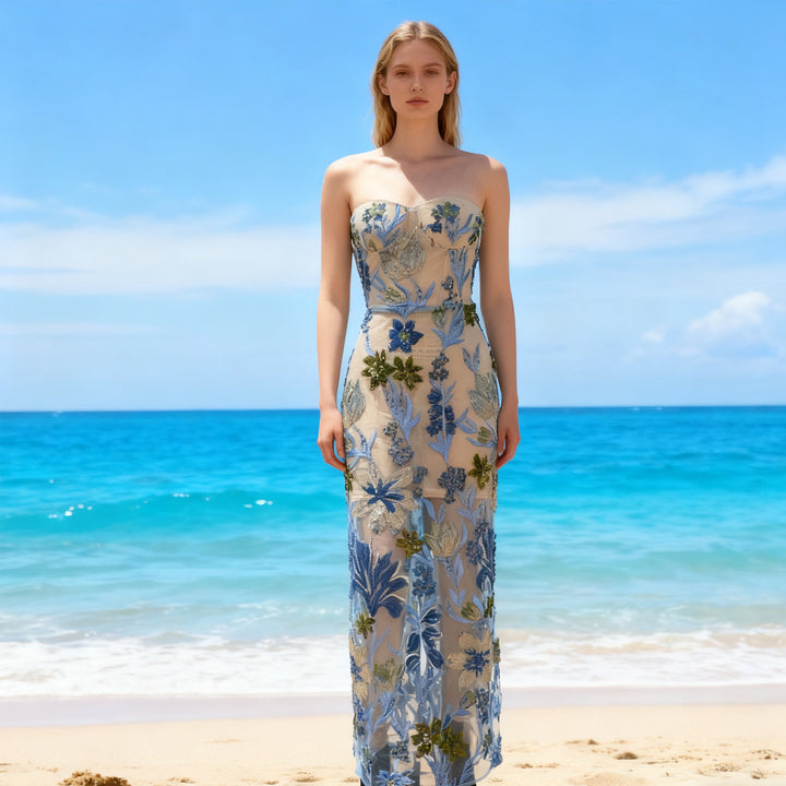 Strapless Floral Embroidered Mesh Gown – AURELIA
