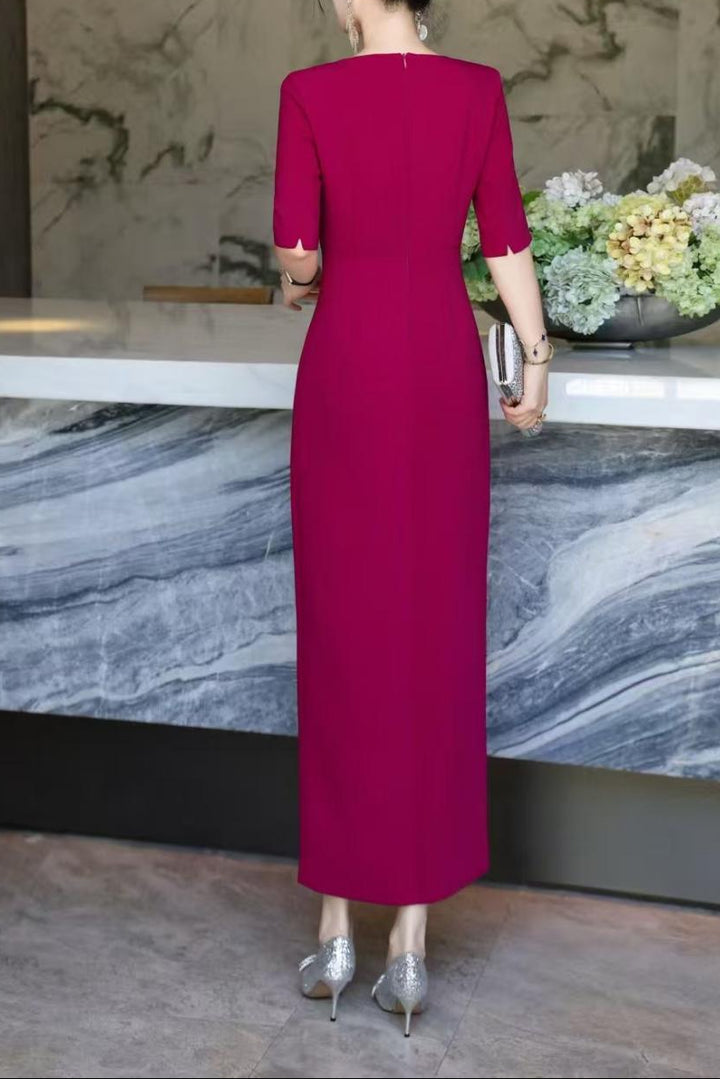 elegant column dress with crystal brooch accents – AMIRA