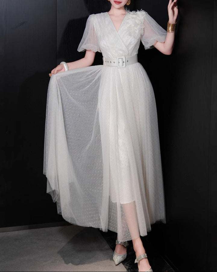 belted tulle wrap dress with flutter sleeves – ESMÉE