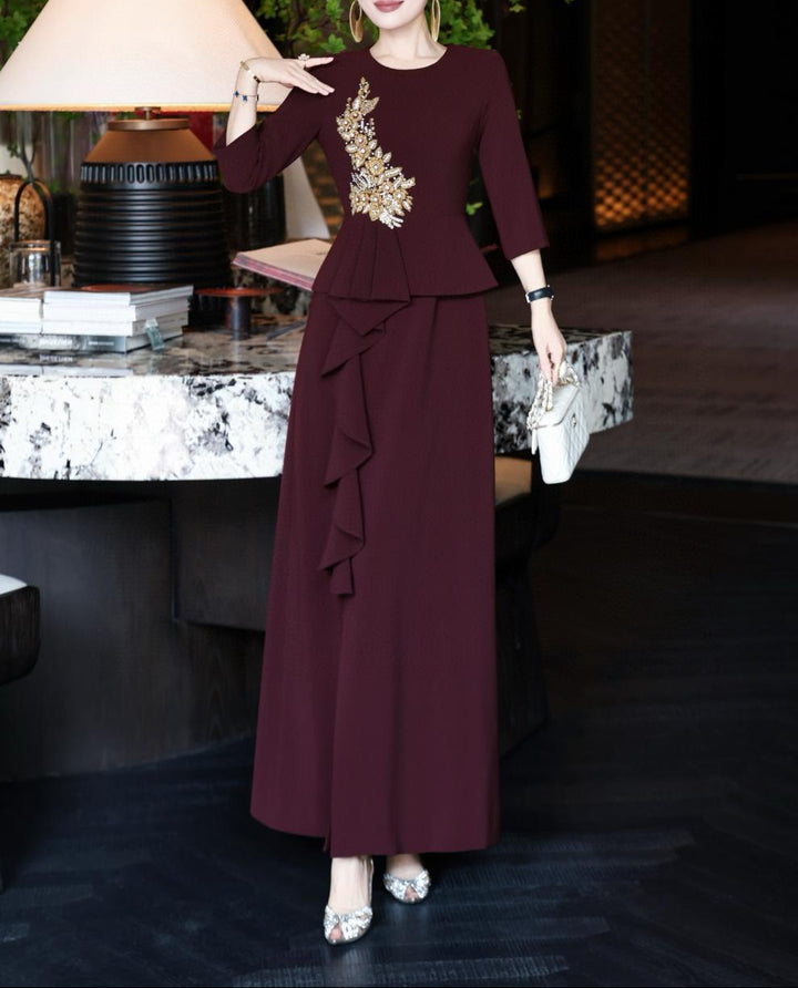 embellished peplum dress with cascading ruffle skirt – NOIR