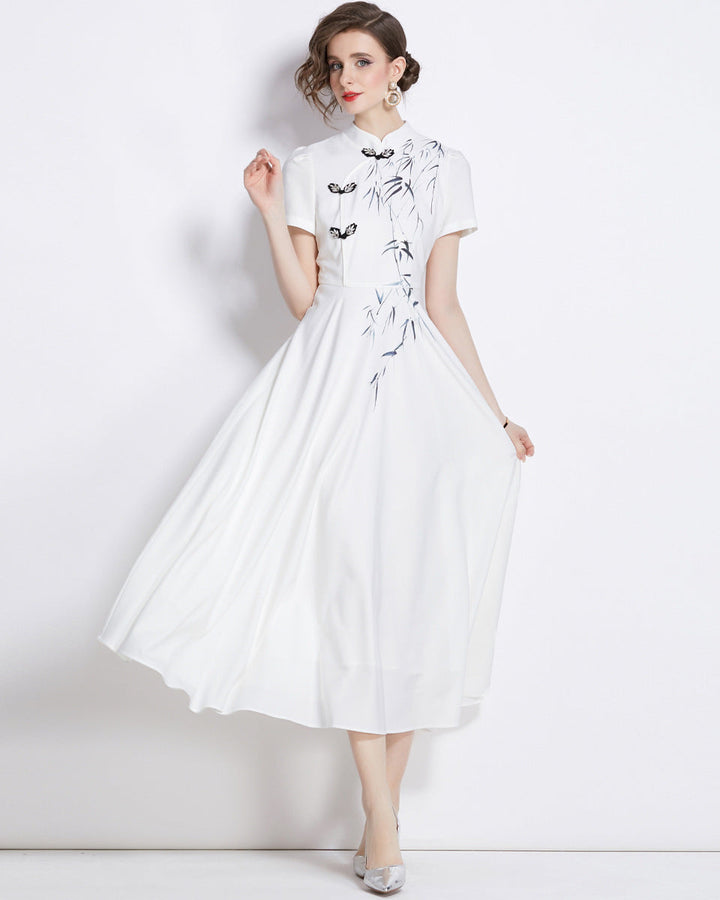 short-sleeve A-line dress with bamboo embroidery - LIAN