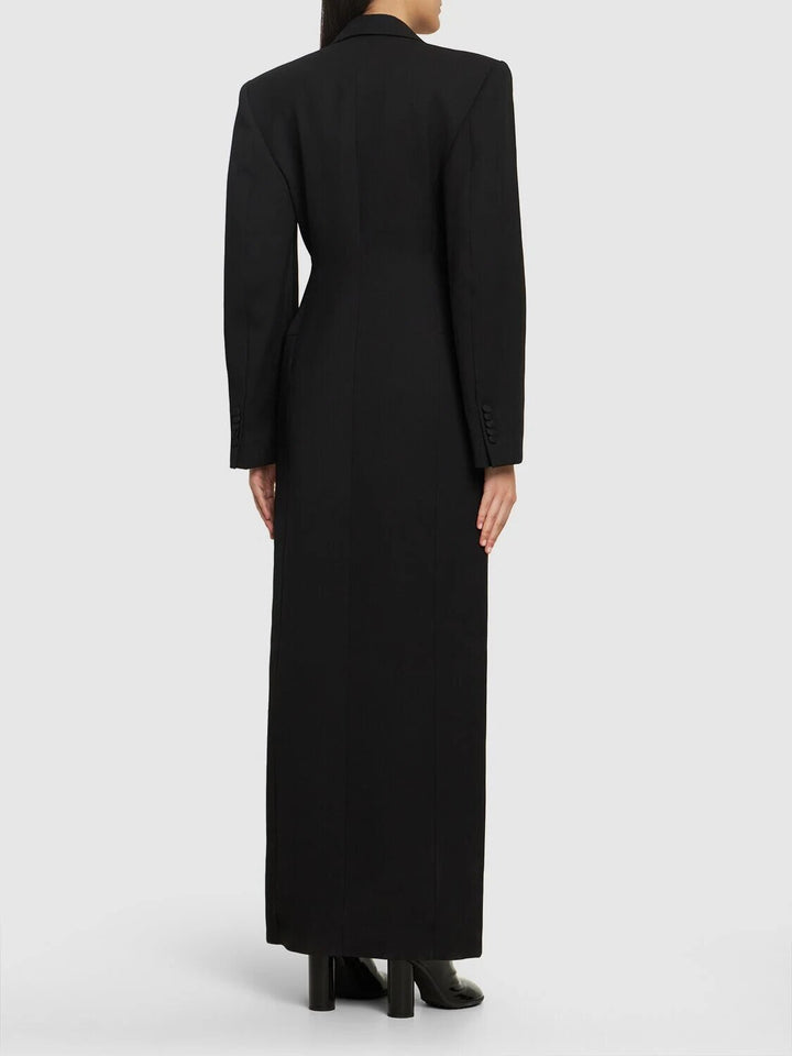 satin-lapel double-breasted long blazer dress – NOCTURNE