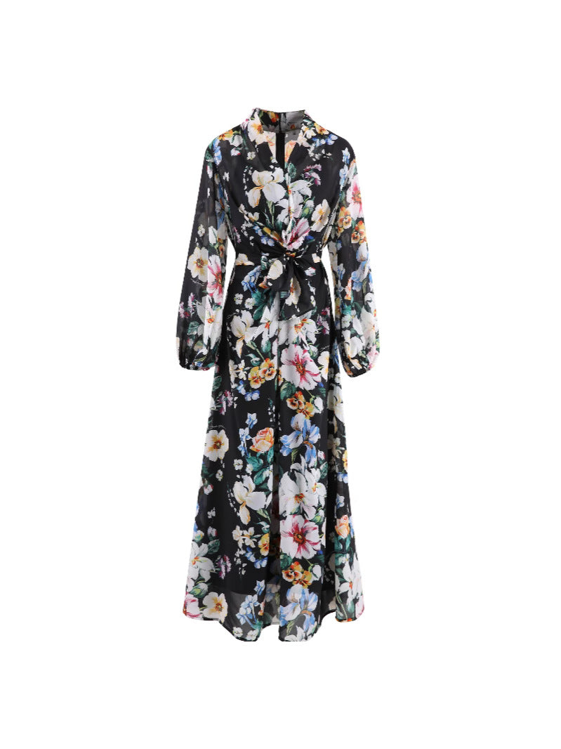 floral chiffon maxi dress with front tie – SERENA