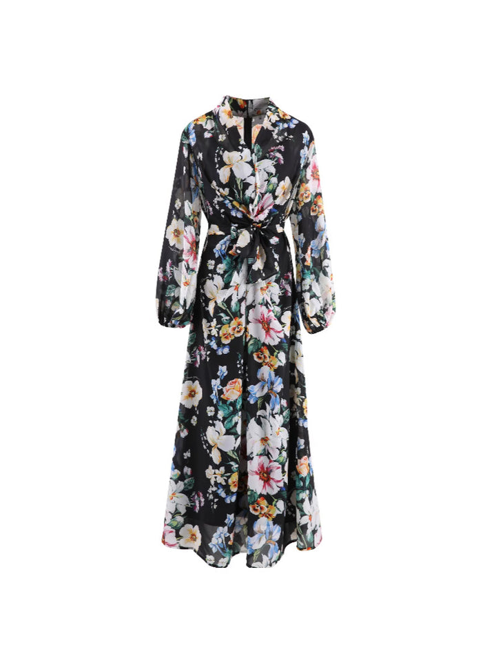floral chiffon maxi dress with front tie – SERENA