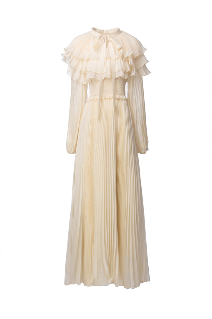 pleated chiffon maxi dress with layered ruffle collar – SERAPHINA
