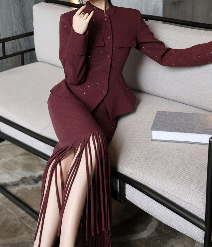 two-piece tailored blazer set with embellished fringe skirt – MIRAYA