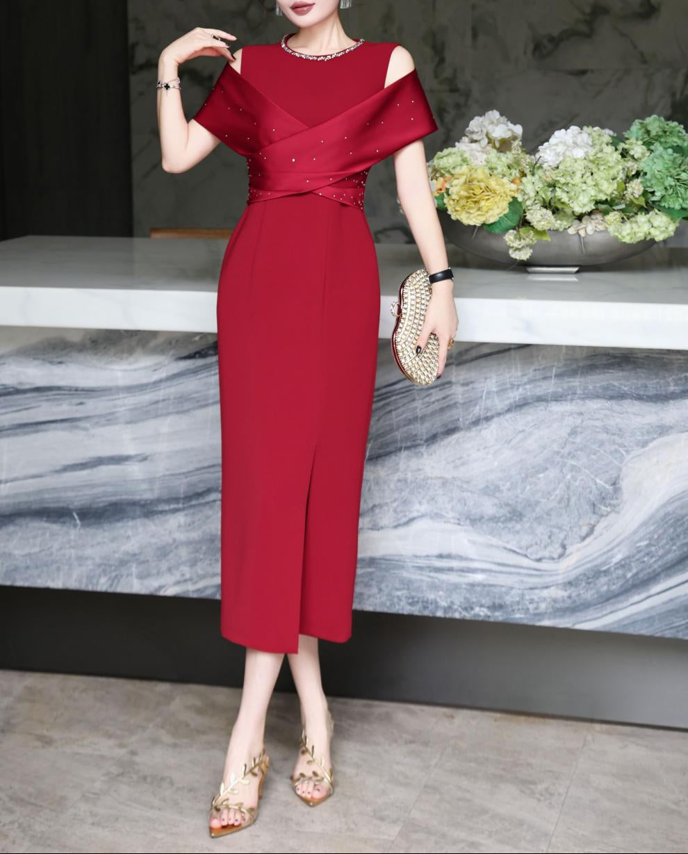 cold-shoulder column dress with satin drape – RUBINA