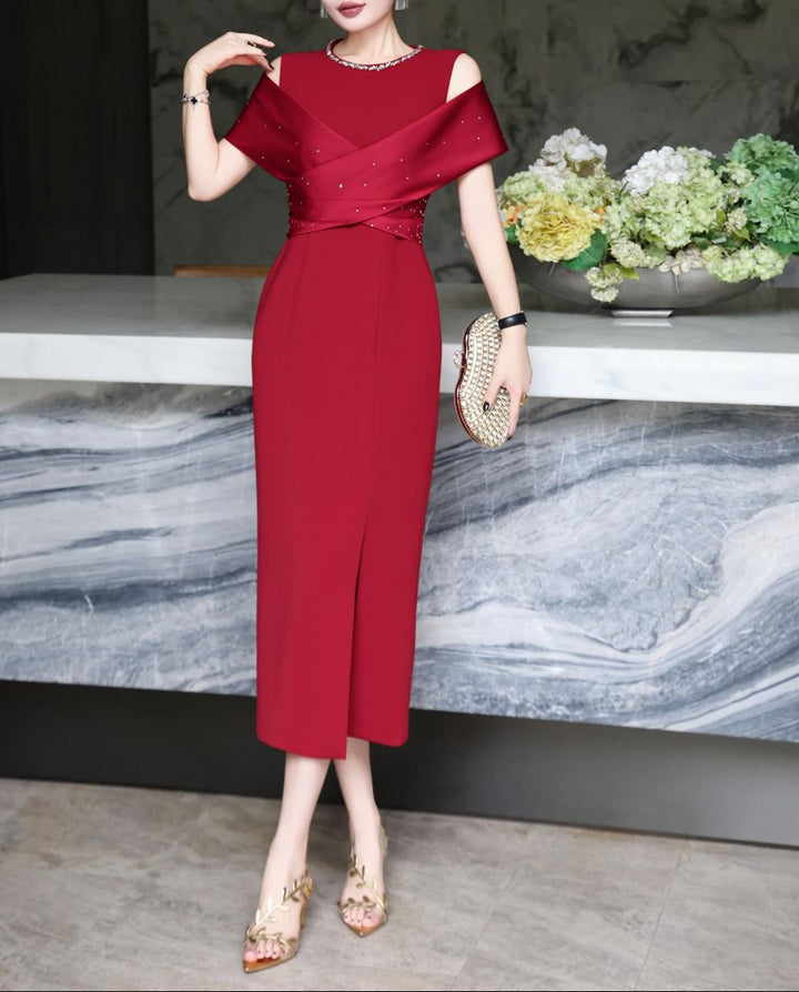 cold-shoulder column dress with satin drape – RUBINA