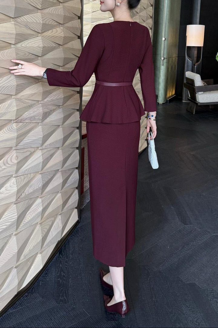 peplum midi dress with belted waist – MAROON