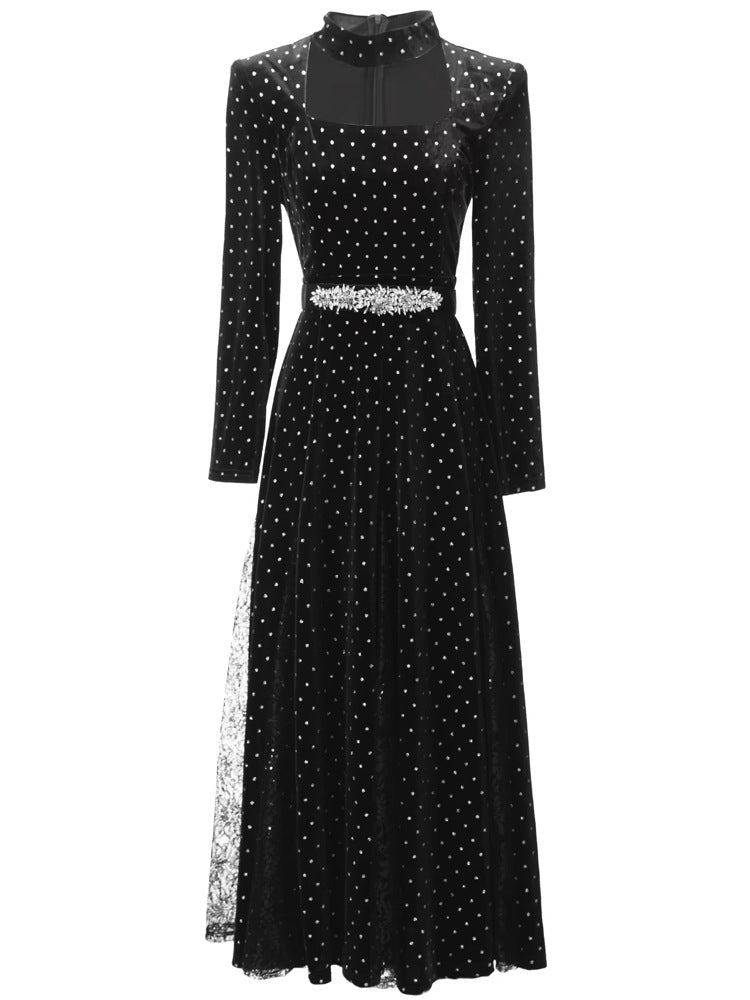 velvet polka dot gown with choker neckline and embellished belt – STELLAR