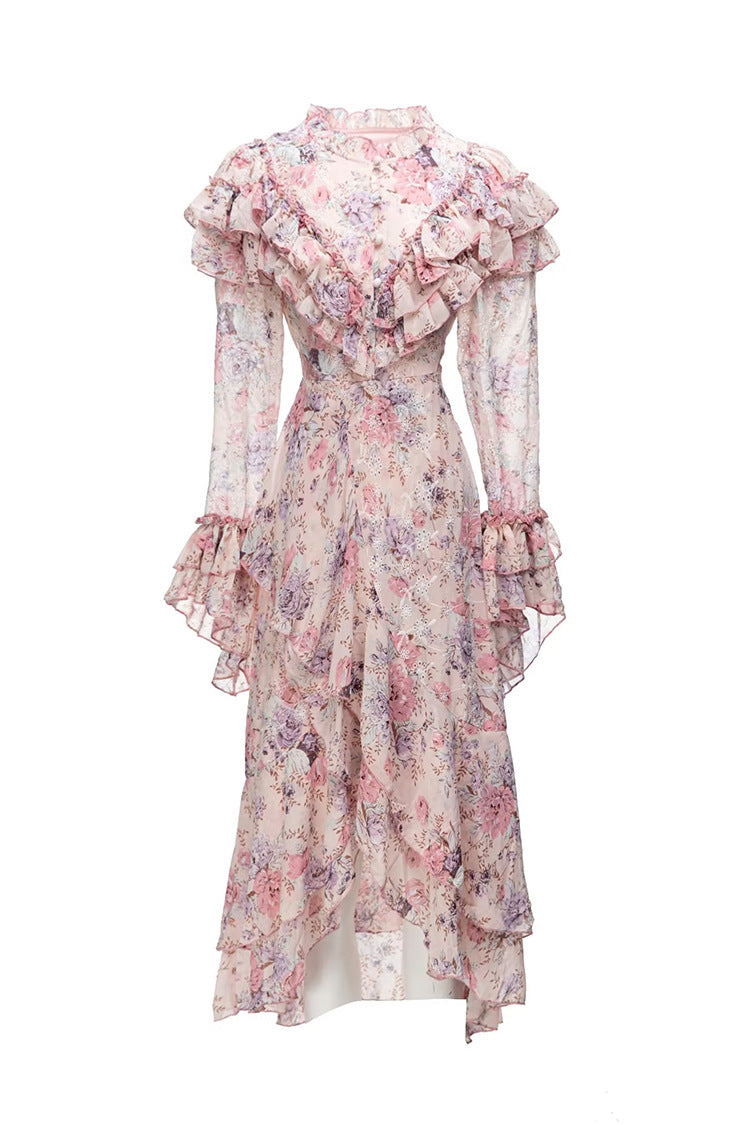 floral ruffle chiffon dress with layered hem – ROSALIE