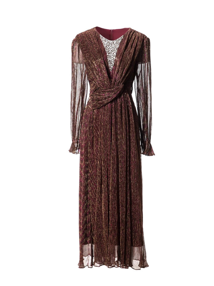 metallic pleated chiffon dress with wrap waist – ADELIA